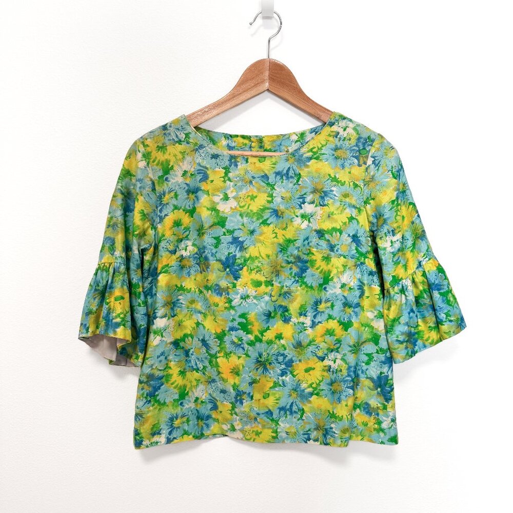 Vintage 60s Green Blue and Yellow Floral Bell Sleeve Top Small Medium